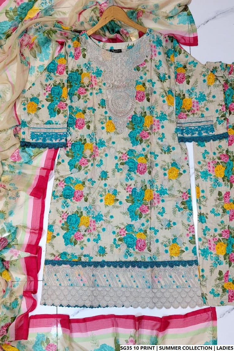 Lawn A-Line printed shirt - Pakistani women's casual summer outfit with cotton trouser and lawn dupatta front view