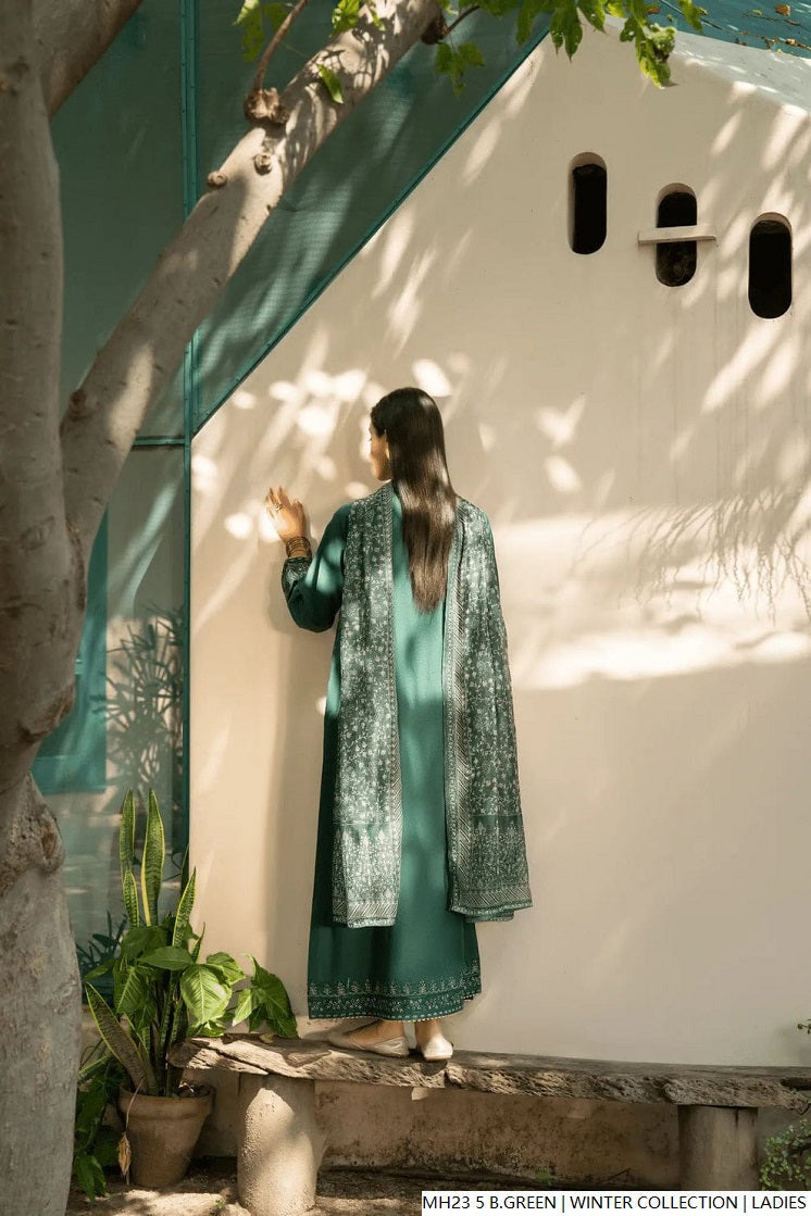 Pakistani women's bottle green khaddar straight winter shirt back view