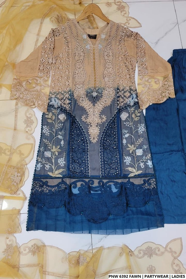 Pakistani women's fawn chiffon straight shirt plazo back view