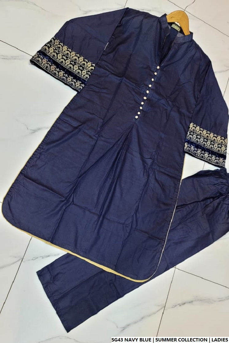 Pakistani women's navy blue lawn A-Line casual outfit back view