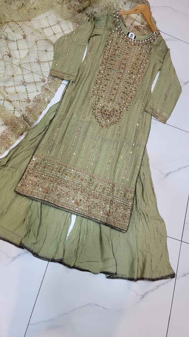 Pakistani women's pista green chiffon straight shirt full view