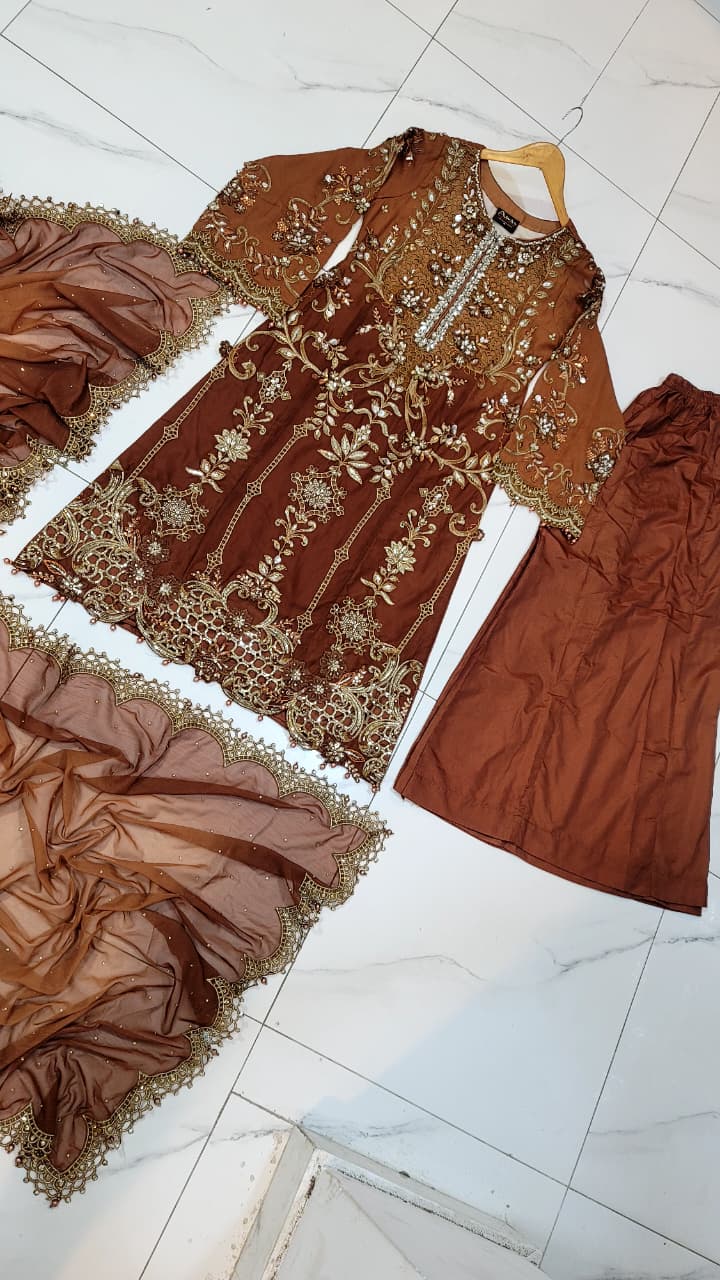 Pakistani women's brown organza straight shirt back view