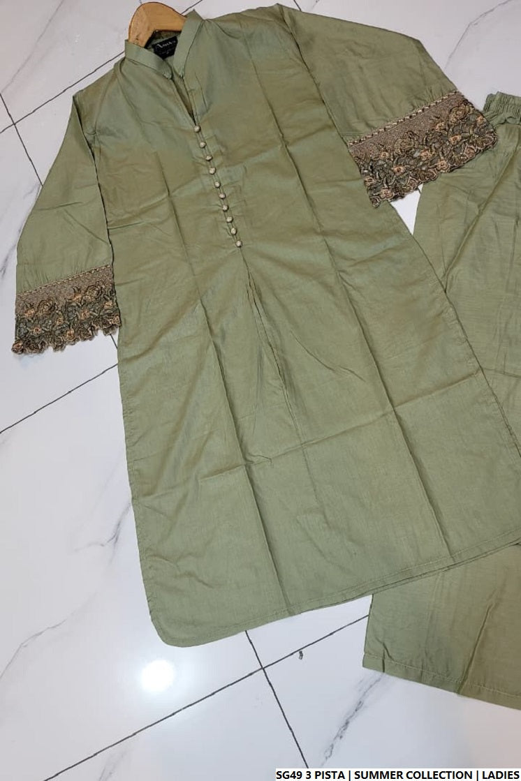 Pakistani women's pista green lawn A-Line casual outfit back view