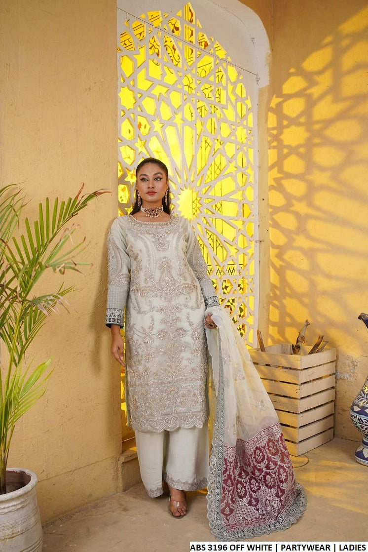 Chiffon straight shirt plazo ABS 3196 - Pakistani women's party wear with grip plazo and organza dupatta front view