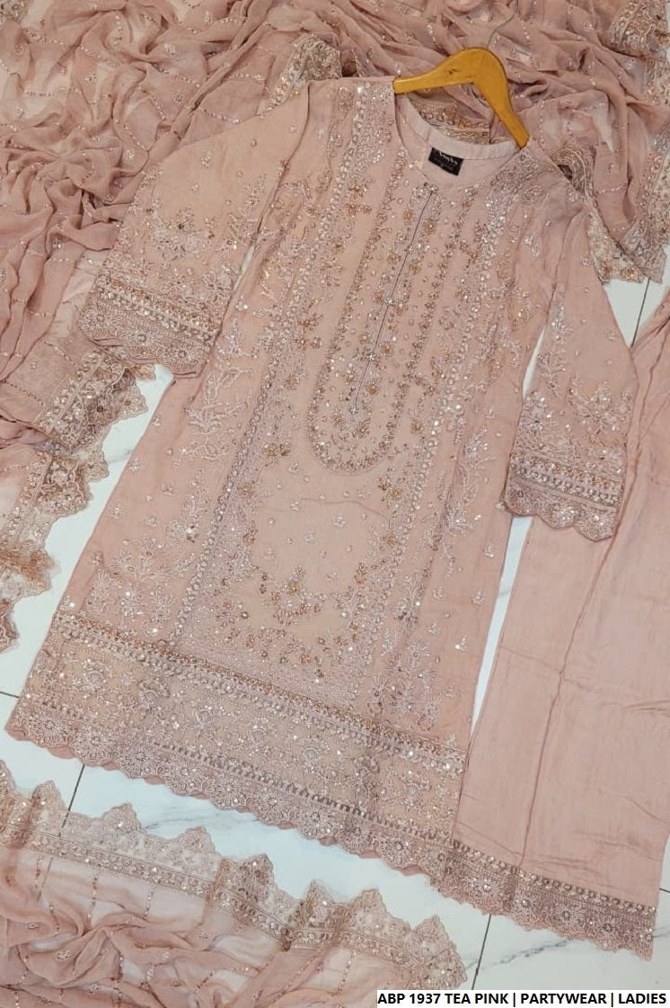 Pakistani women's tea pink silk short shirt back view