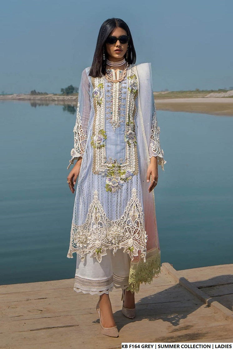 Hand embroidered luxury frock grey - Pakistani women's bridal formal wear with embroidered dupatta front view
