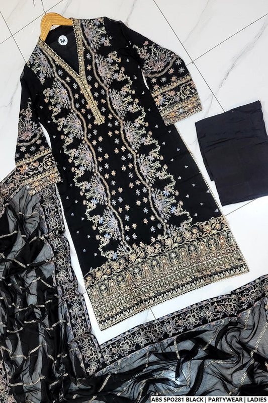 Black chiffon Pakistani women's straight shirt with plazo side view