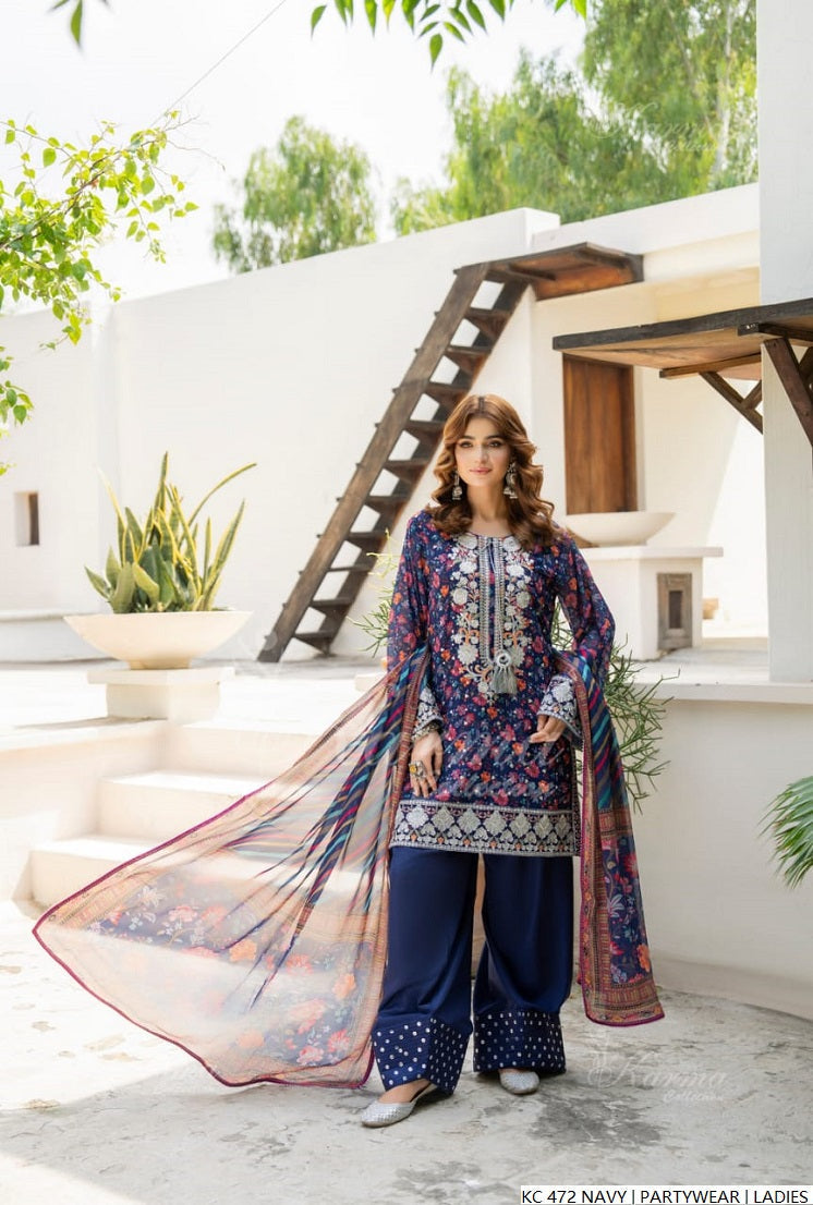 Silk long kaftan navy blue - Pakistani women's luxury formal wear with silk dupatta front view
