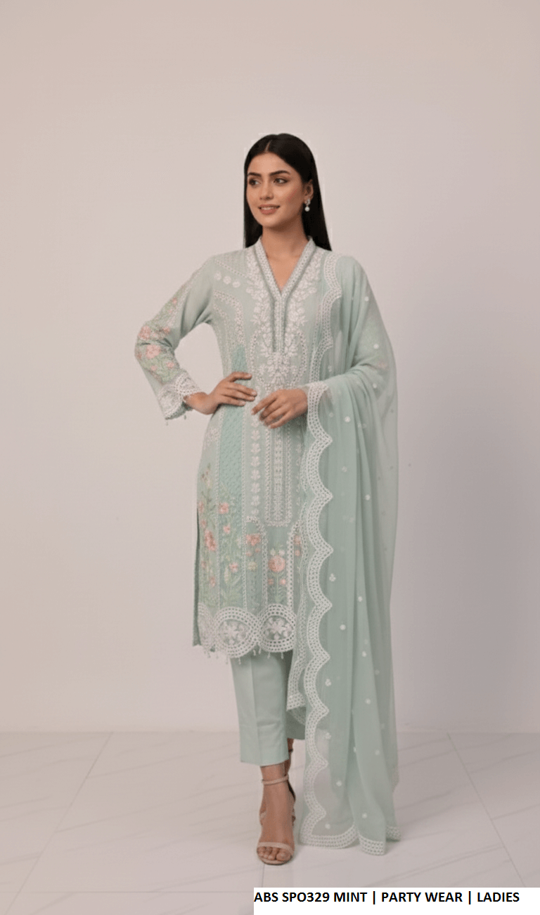 Chiffon straight shirt plazo mint - Pakistani women's party wear with grip plazo and organza dupatta front view