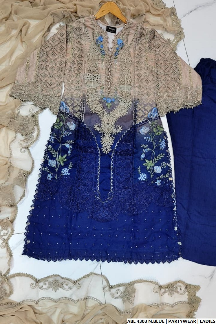 Pakistani women's navy blue organza A-Line shirt detail view