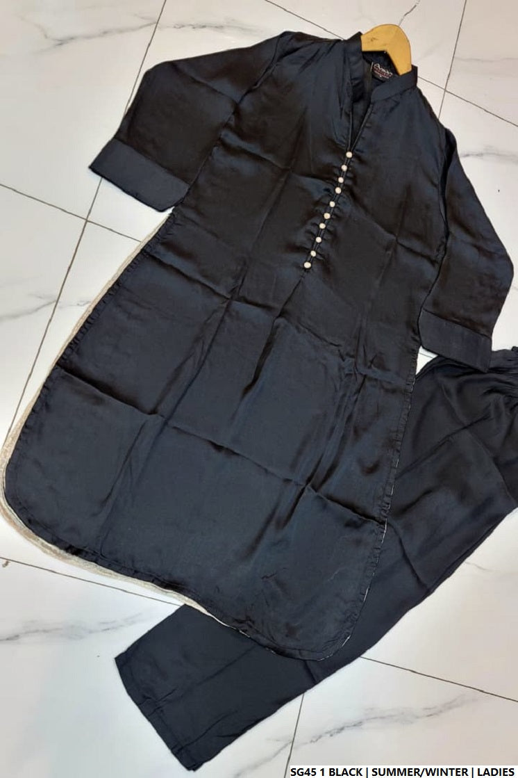 Pakistani women's black silk A-Line shirt detail view
