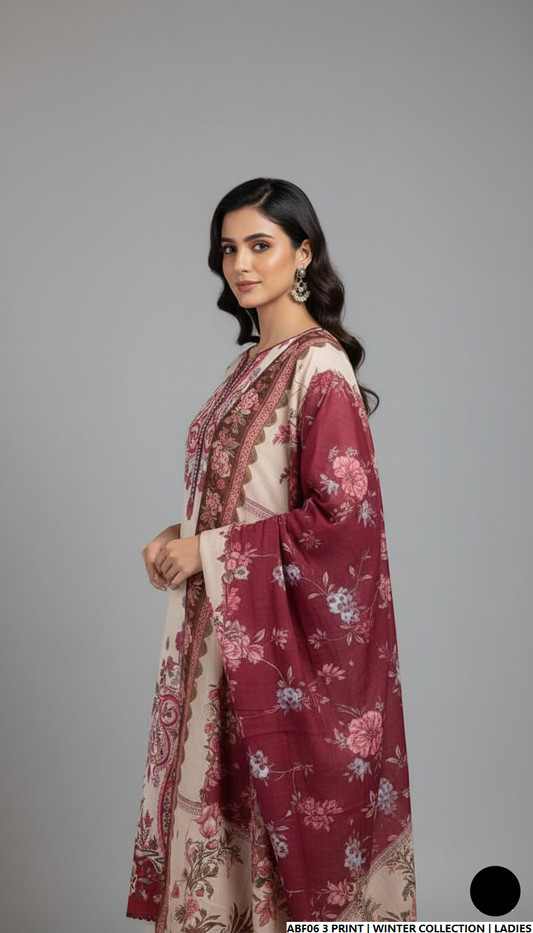Pakistani women's khaddar printed 2-piece casual winter suit back view
