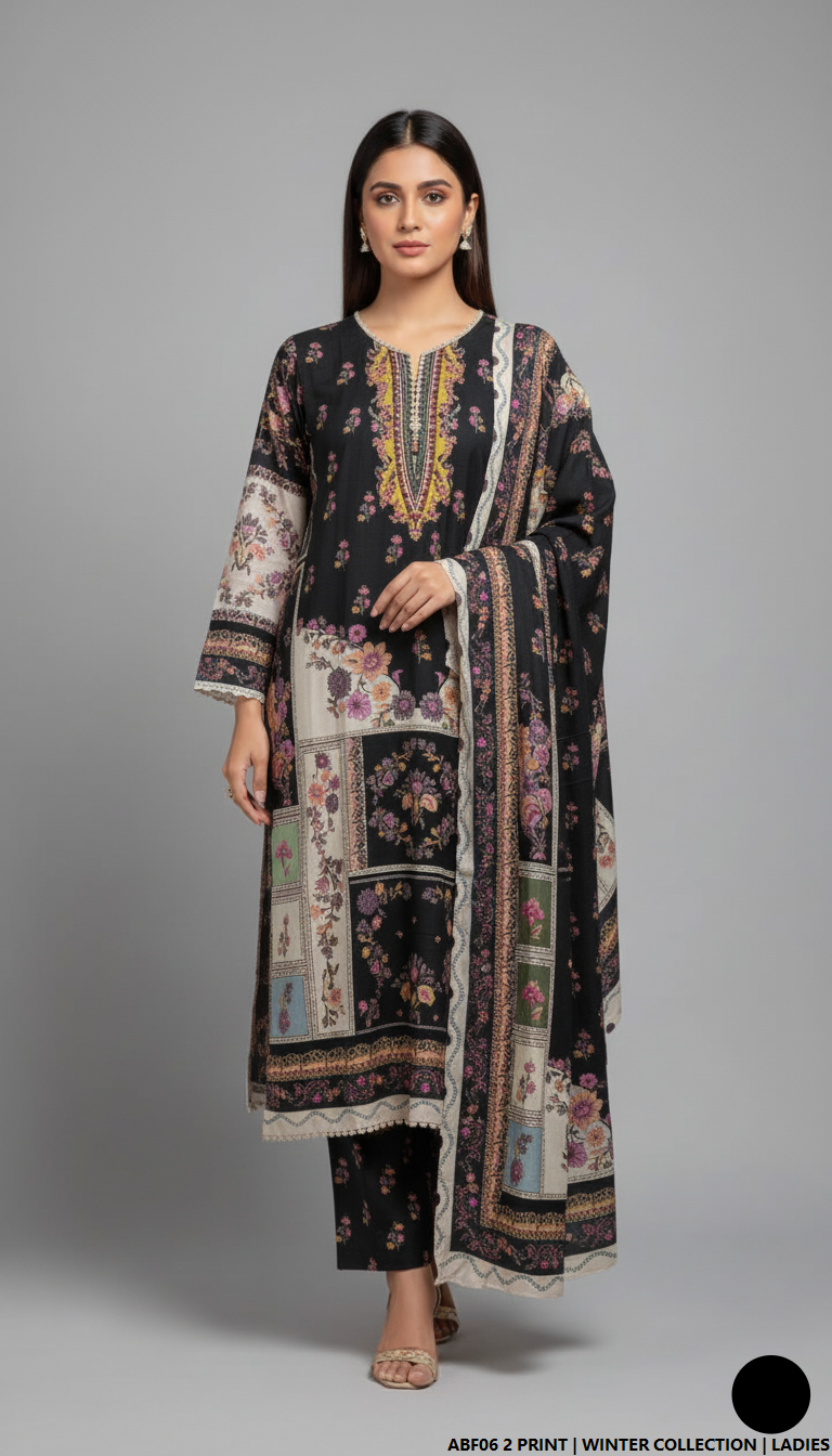 Khaddar printed 2-piece - Pakistani women's casual winter outfit with khaddar trouser and shawl front view