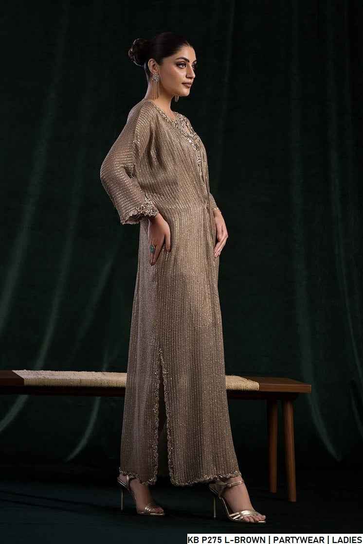 Pakistani women's light brown hand embroidered luxury suit back view