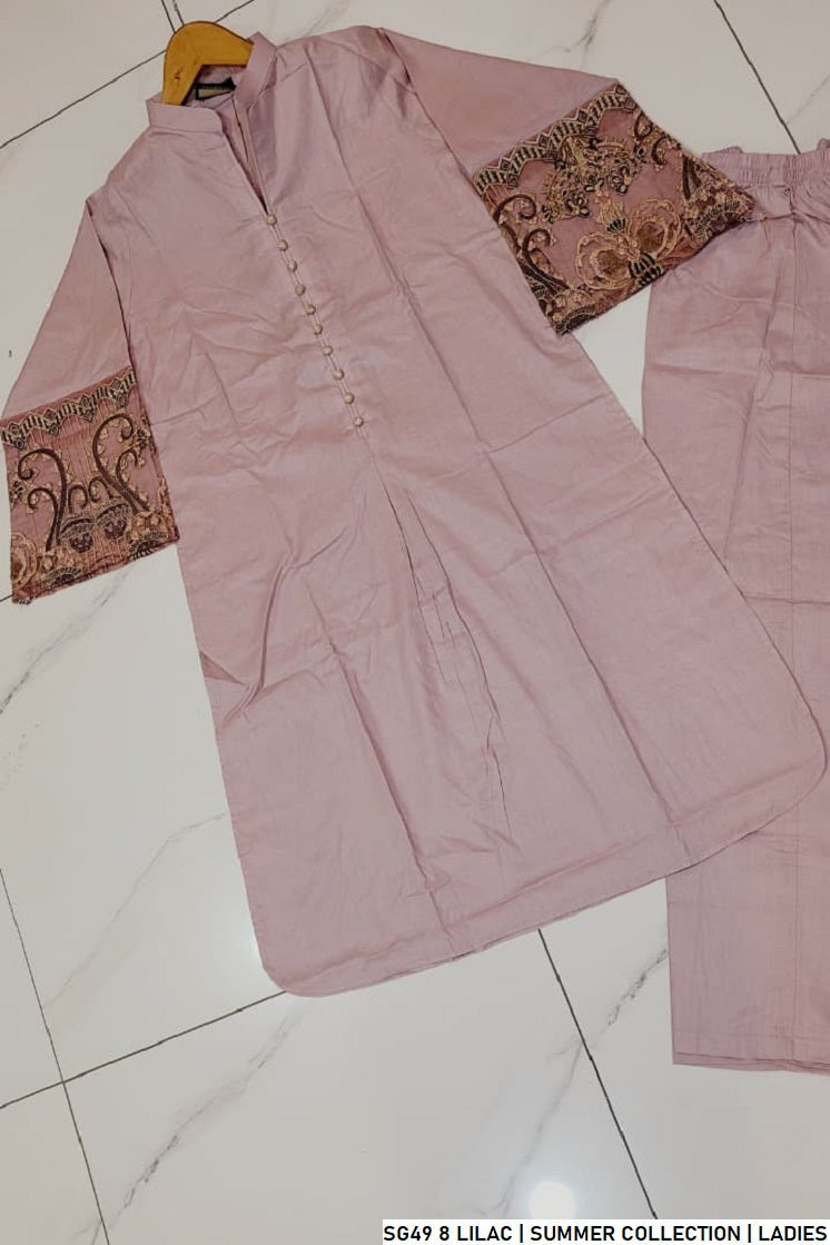 Pakistani women's lilac lawn A-Line casual outfit back view