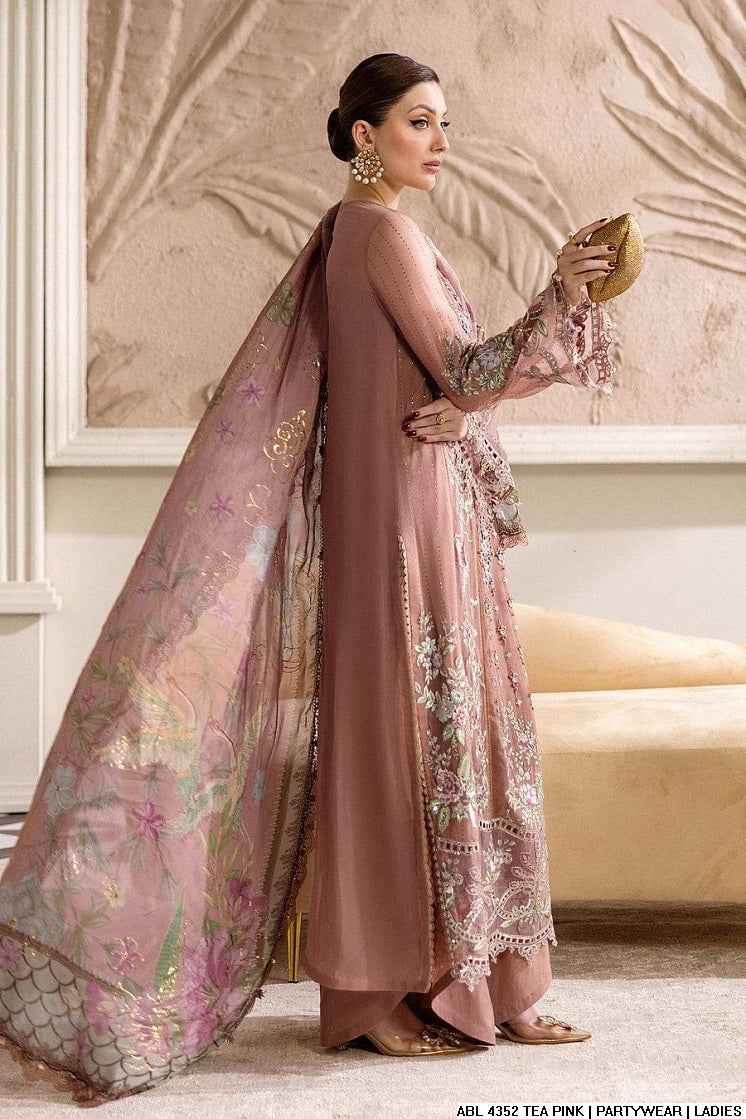 Pakistani women's tea pink chiffon A-Line shirt detail view