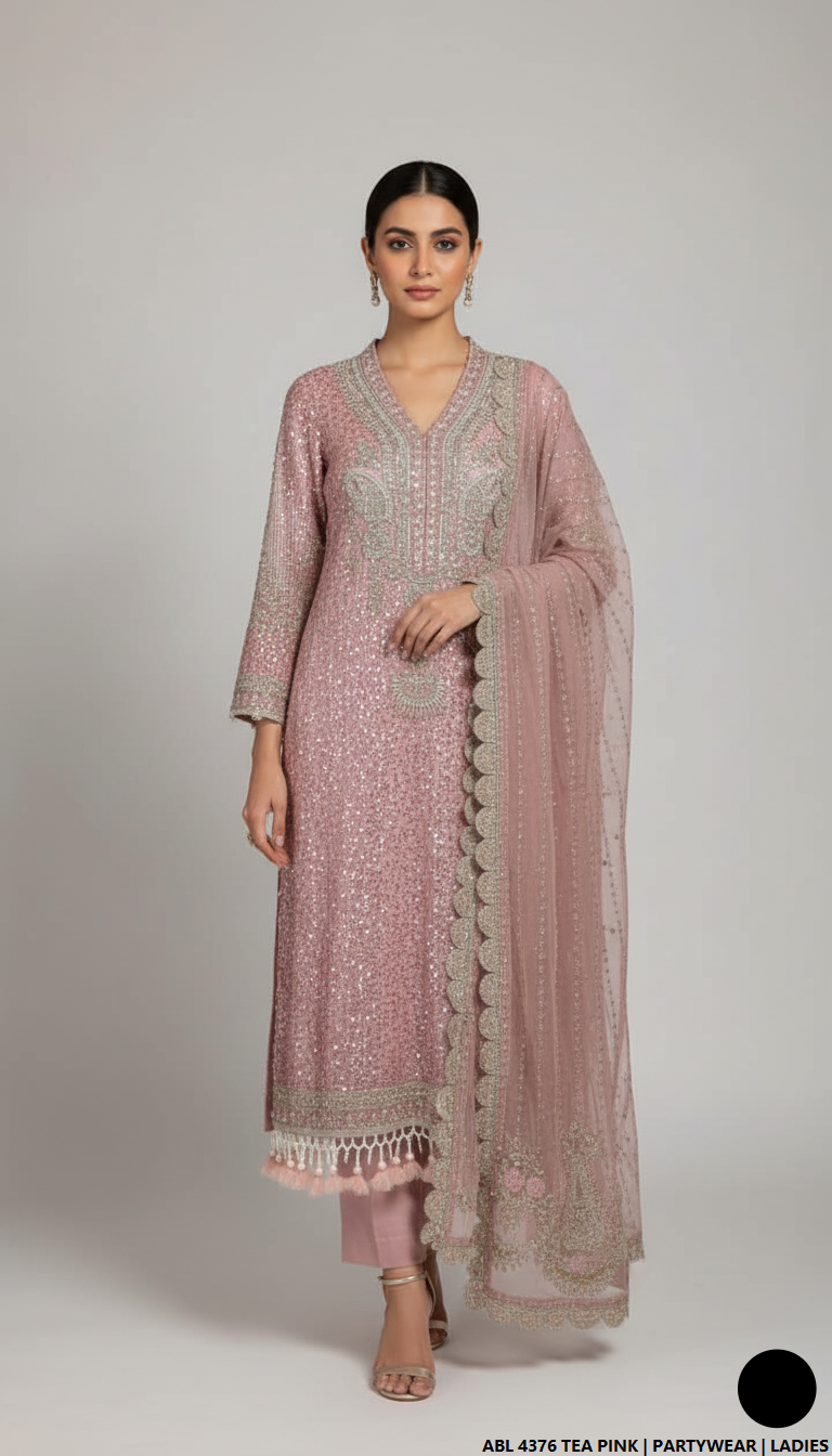 Chiffon straight shirt tea pink - Pakistani women's elegant party wear with viscose trouser and chiffon dupatta front view