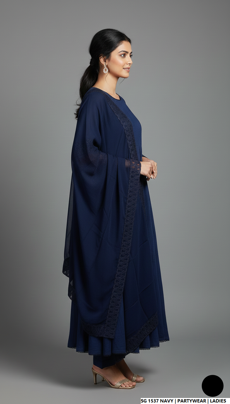 Pakistani women's navy blue lawn A-Line casual outfit back view