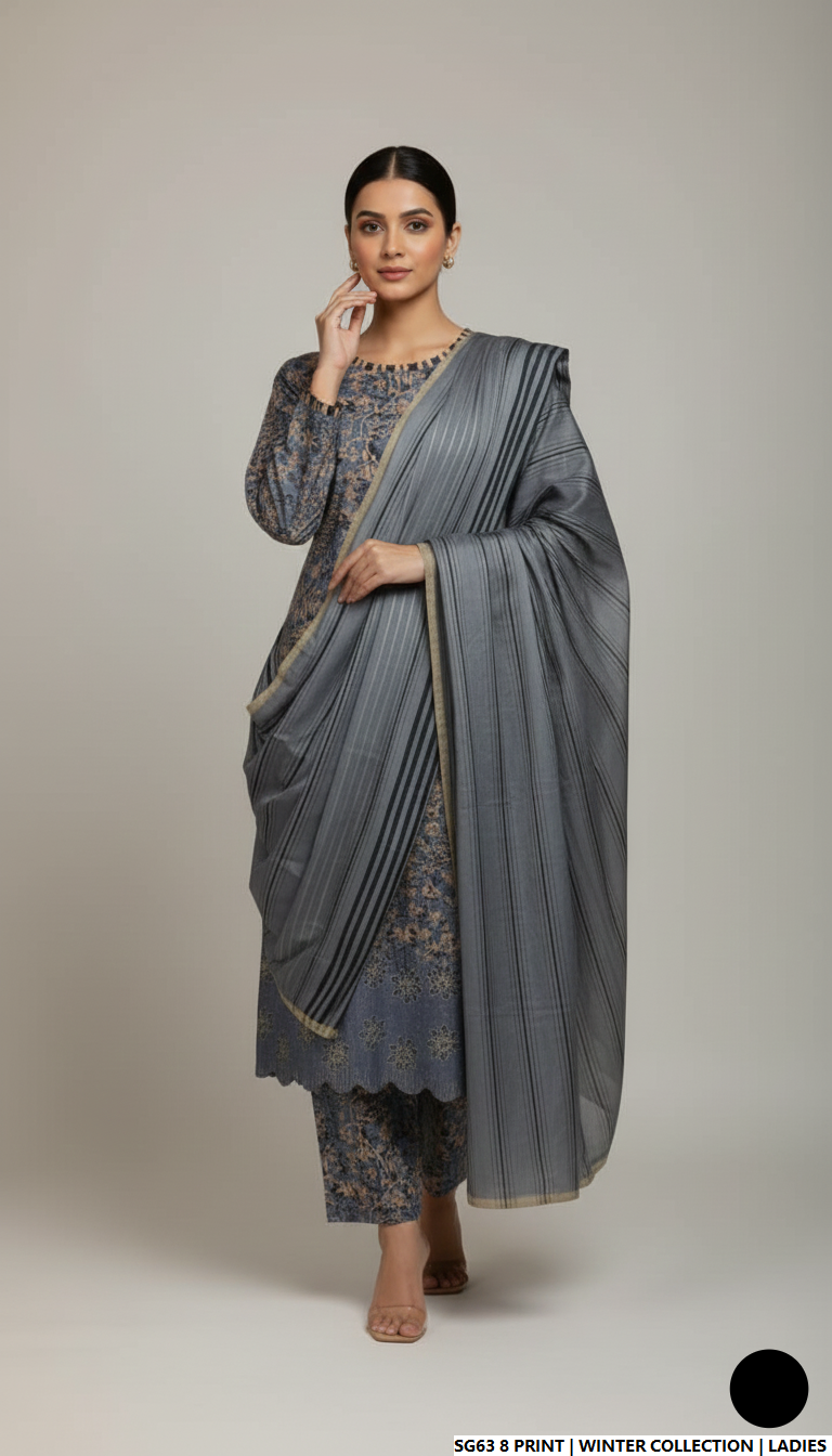 Lawn A-Line printed shirt - Pakistani women's casual summer outfit with cotton trouser and lawn dupatta front view