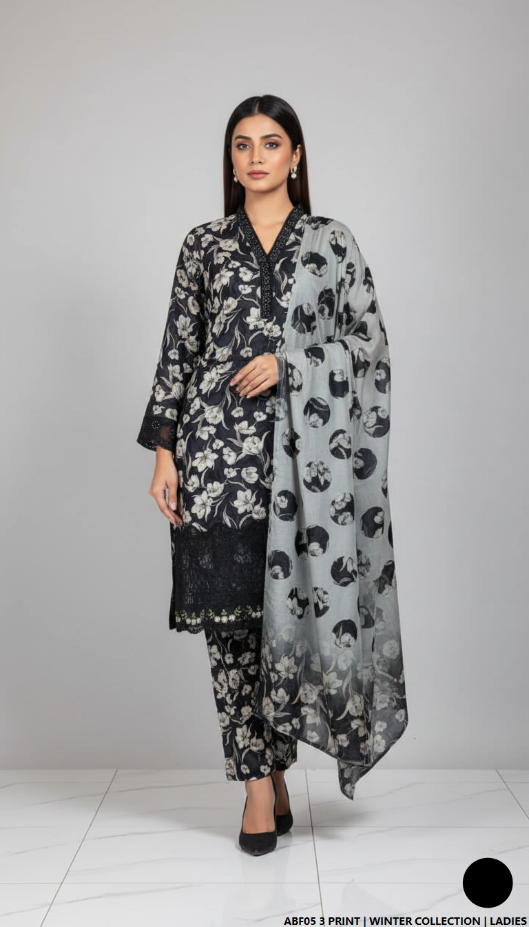 Khaddar printed 2-piece - Pakistani women's casual winter outfit with khaddar trouser and shawl front view