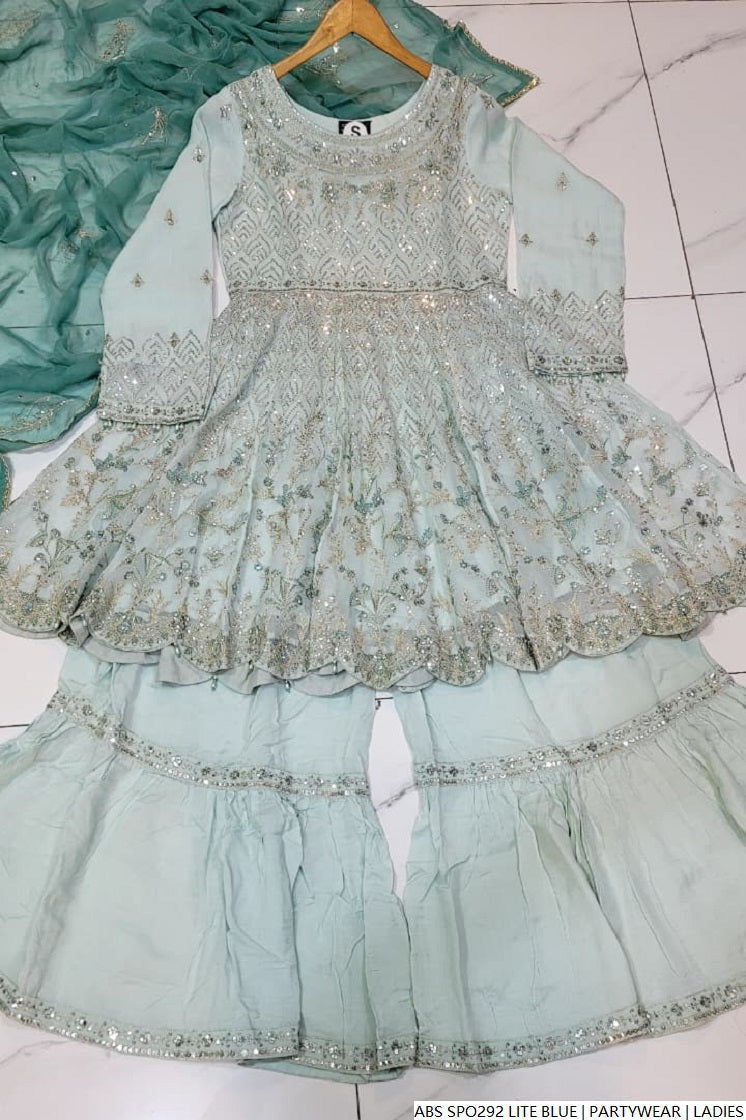 Pakistani women's light blue chiffon straight shirt plazo back view