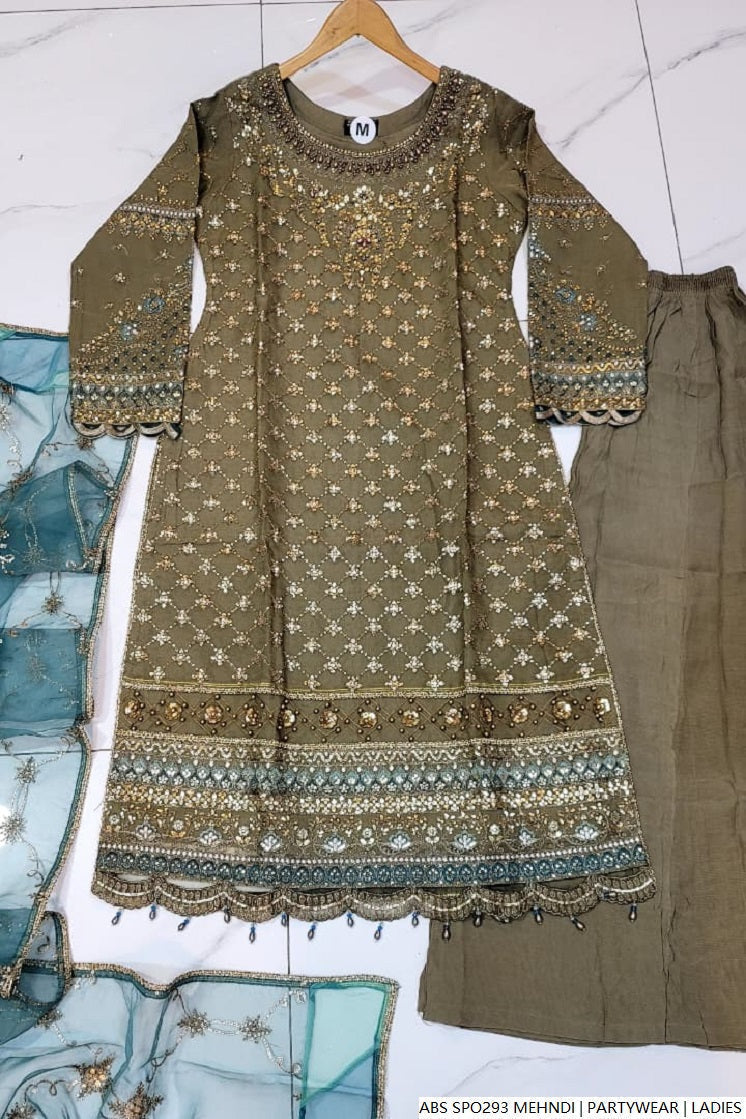 Pakistani women's mehndi green chiffon straight shirt plazo full view