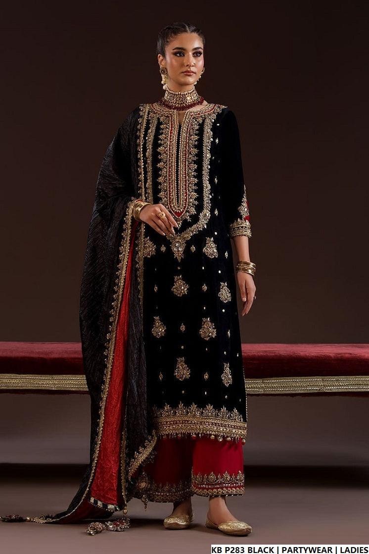 Velvet hand embroidered luxury suit black - Pakistani women's bridal winter formal wear with embroidered dupatta front view