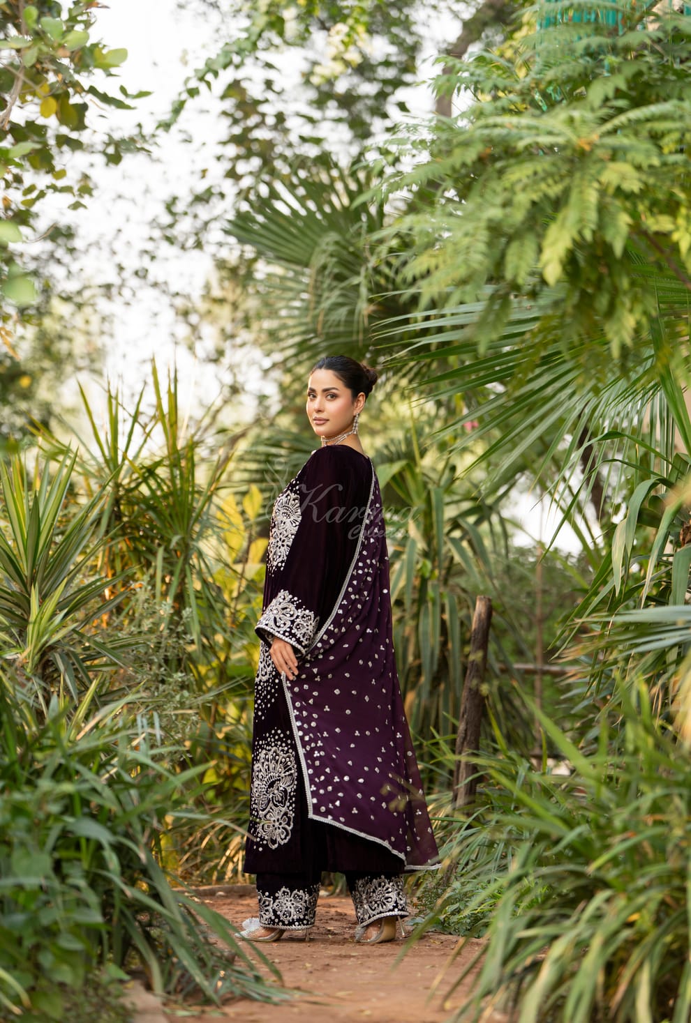Pakistani women's plum velvet long kaftan plazo full view