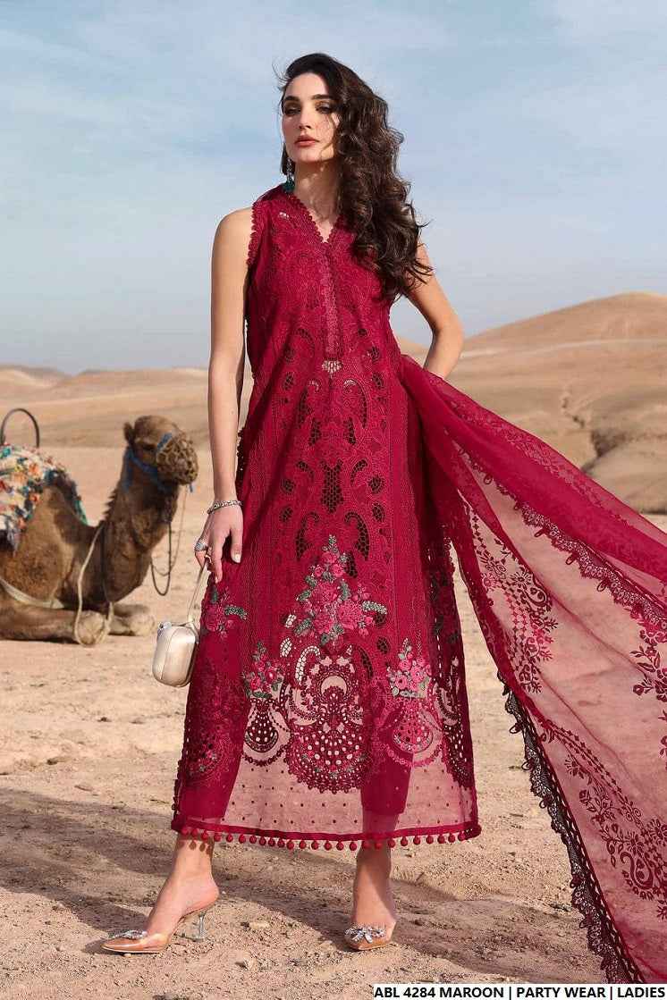 Organza A-Line shirt maroon - Pakistani women's elegant formal wear with viscose trouser and organza dupatta front view