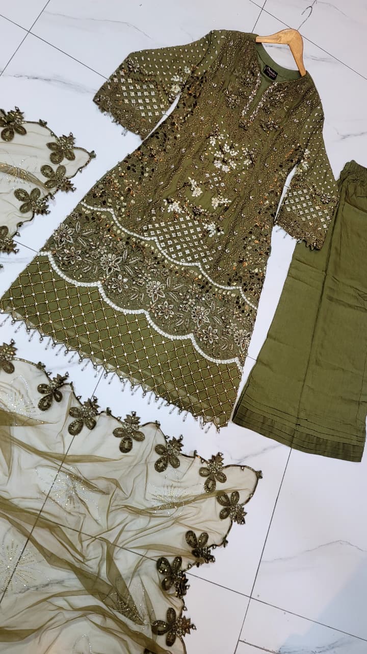 Pakistani women's mehndi green chiffon A-Line shirt back view