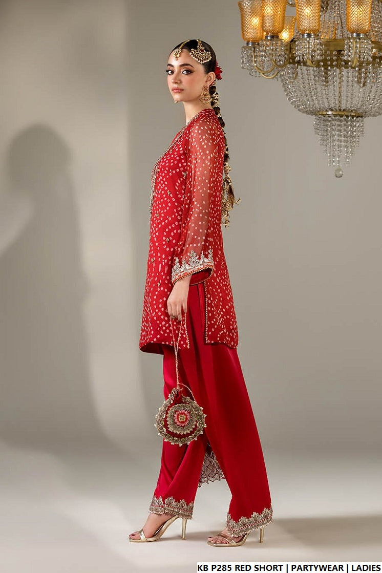 Pakistani women's red hand embroidered luxury short suit full view
