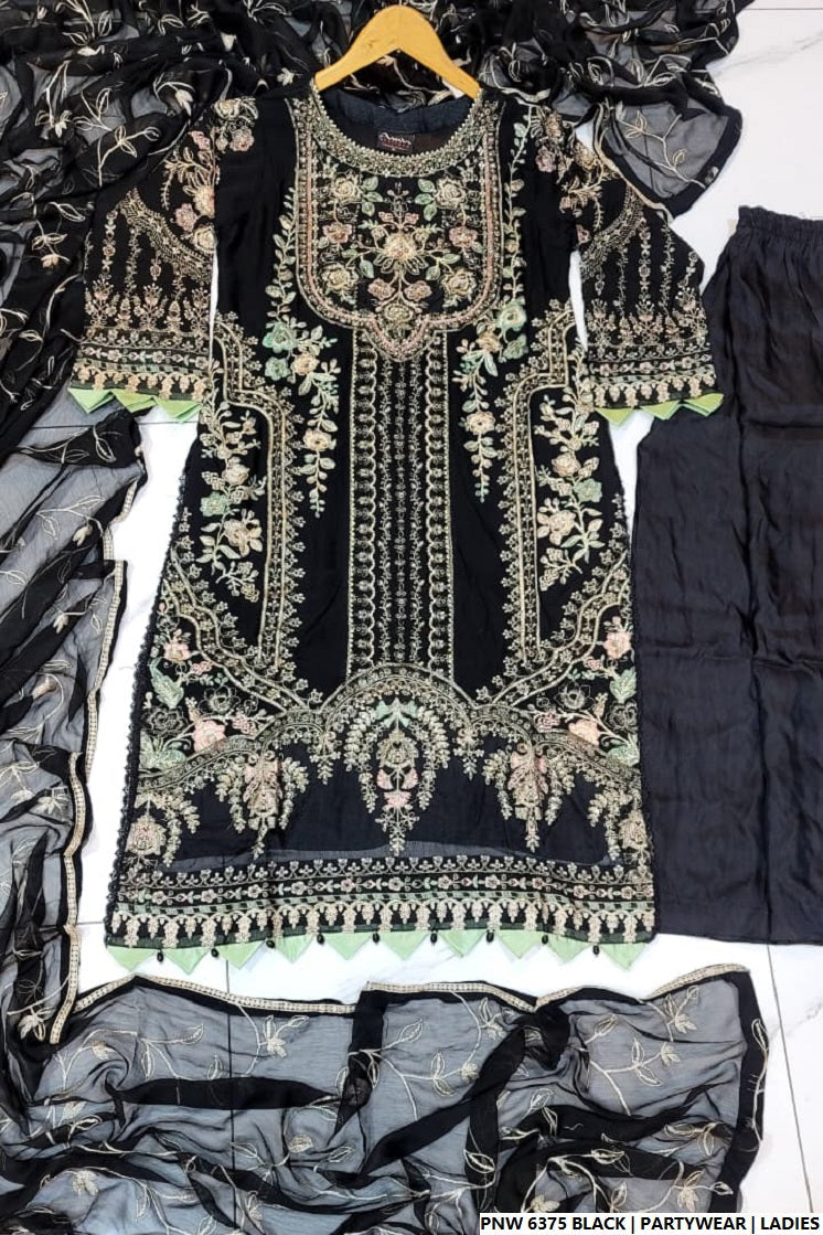 Pakistani women's black chiffon straight shirt plazo detail view