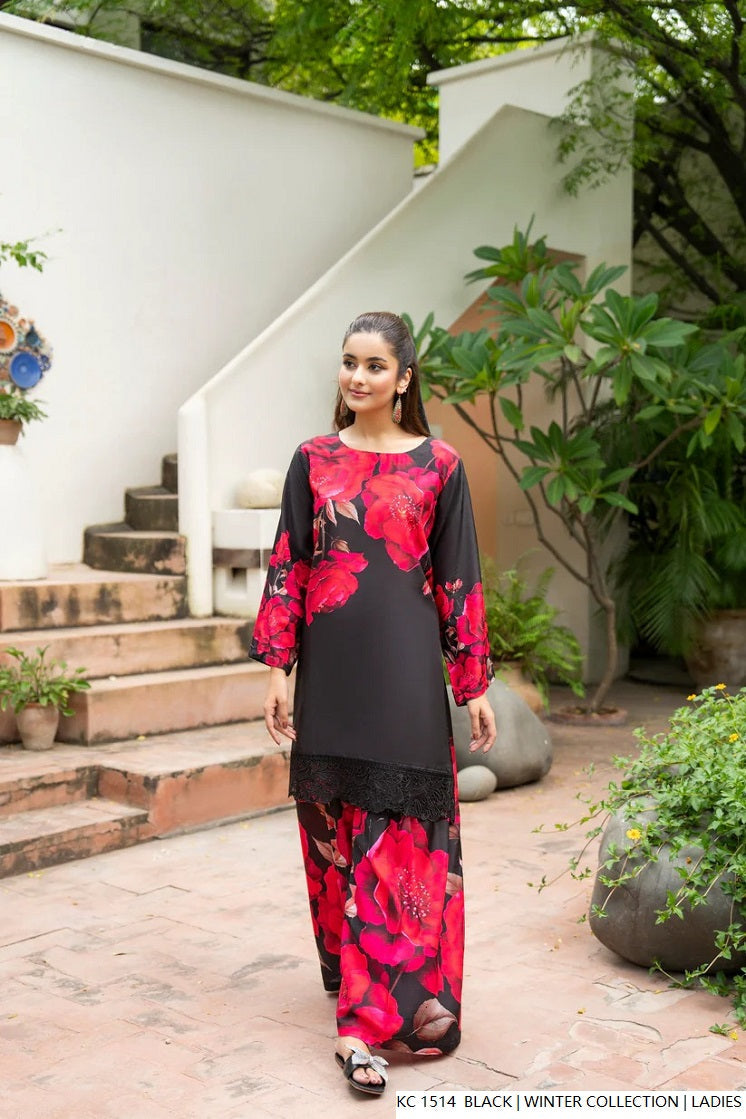 Pakistani women's black silk 2-piece formal suit back view