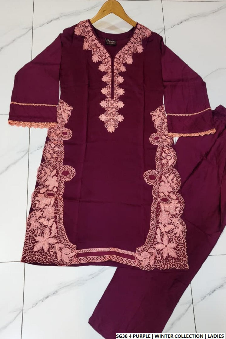 Lawn A-Line shirt purple - Pakistani women's casual summer outfit with cotton trouser and lawn dupatta front view
