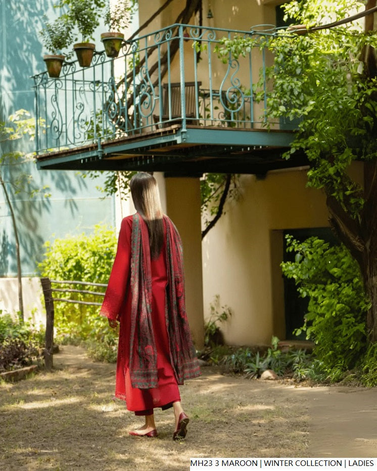 Pakistani women's maroon khaddar straight winter shirt back view
