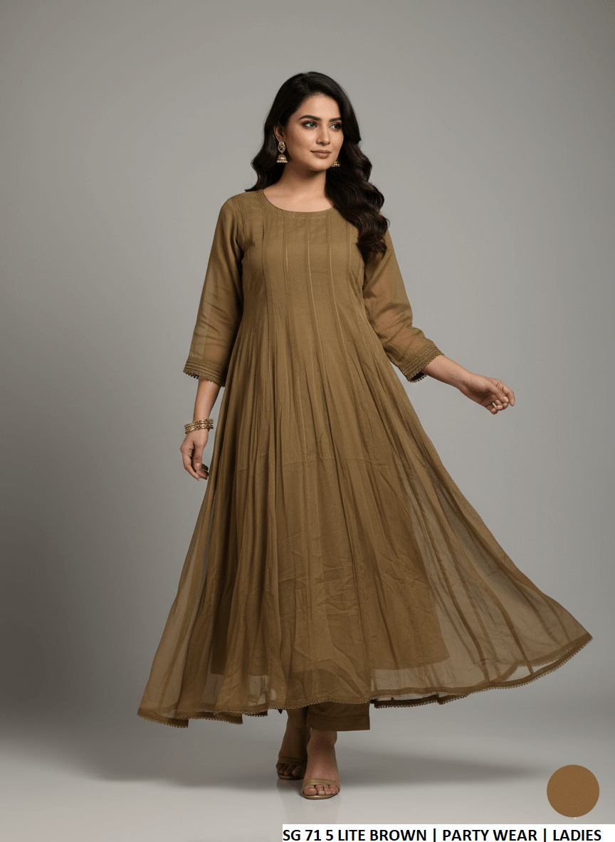 Chiffon long frock light brown - Pakistani women's elegant formal wear with grip trouser front view