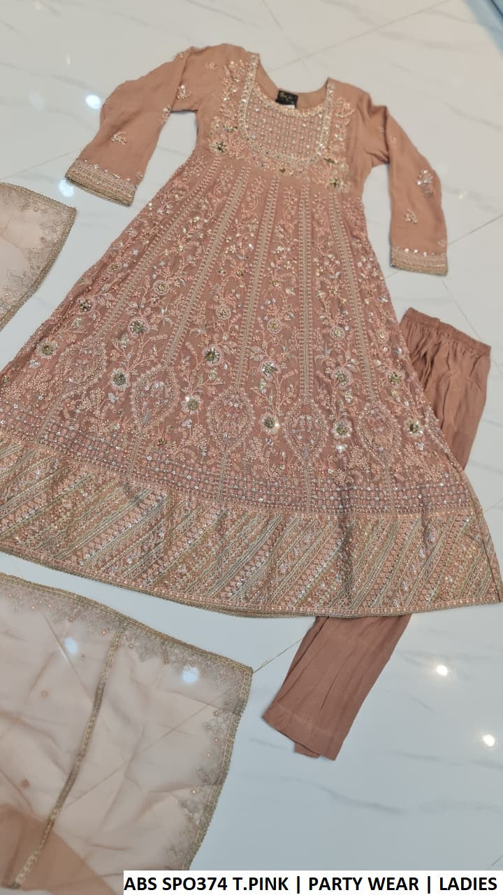 Tea pink chiffon Pakistani women's long frock back view