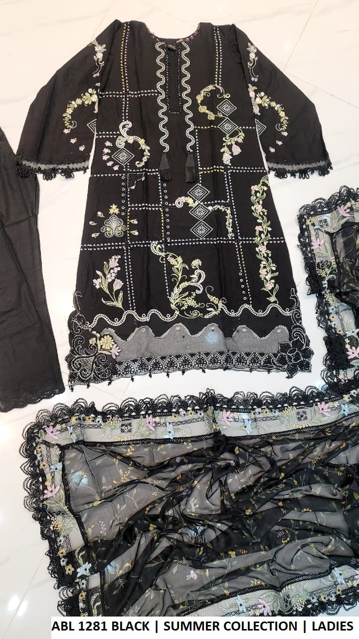 ABL 1281 BLACK - Black Cotton Straight 3-Piece Women's Pakistani Suit