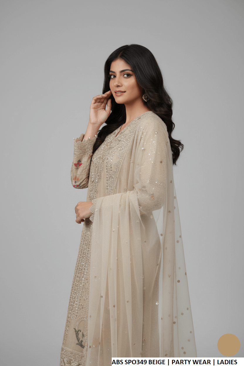 Pakistani women's beige chiffon straight shirt detail view