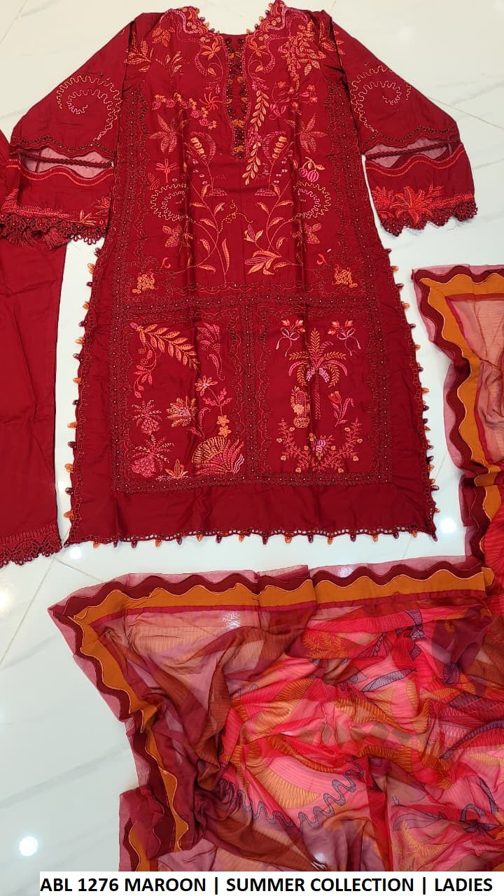 ABL 1276 MAROON - Maroon Cotton A-Line 3-Piece Women's Pakistani Suit