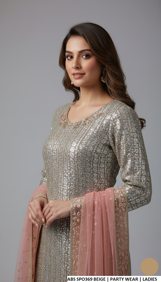 Beige chiffon Pakistani women's straight shirt with plazo side view