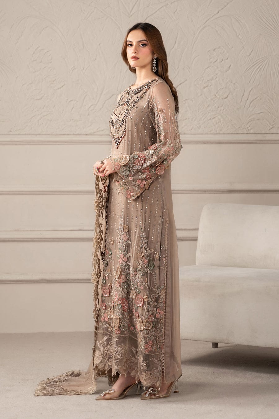 Skin organza Pakistani women's A-Line shirt side view