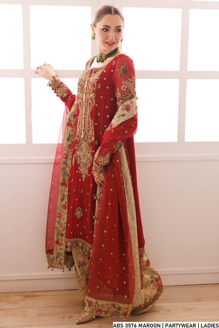 Maroon organza Pakistani women's straight shirt side view