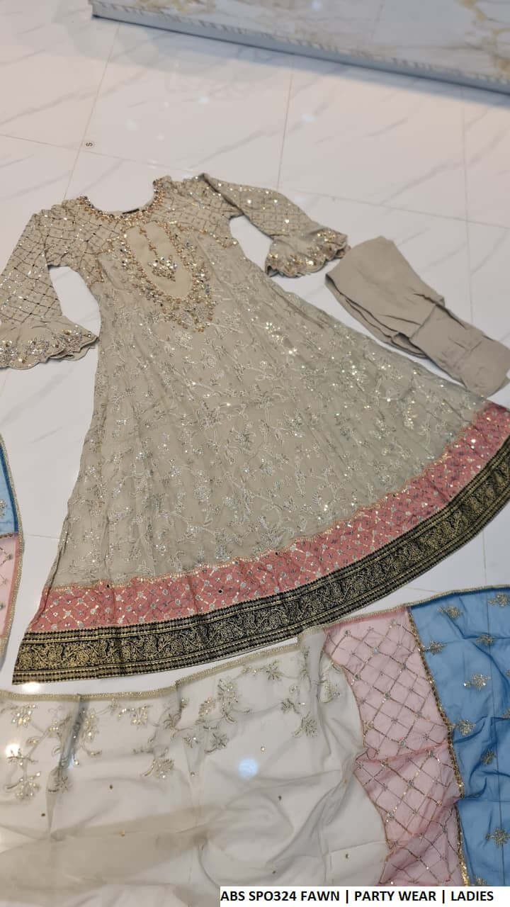 Pakistani women's fawn chiffon straight shirt plazo back view