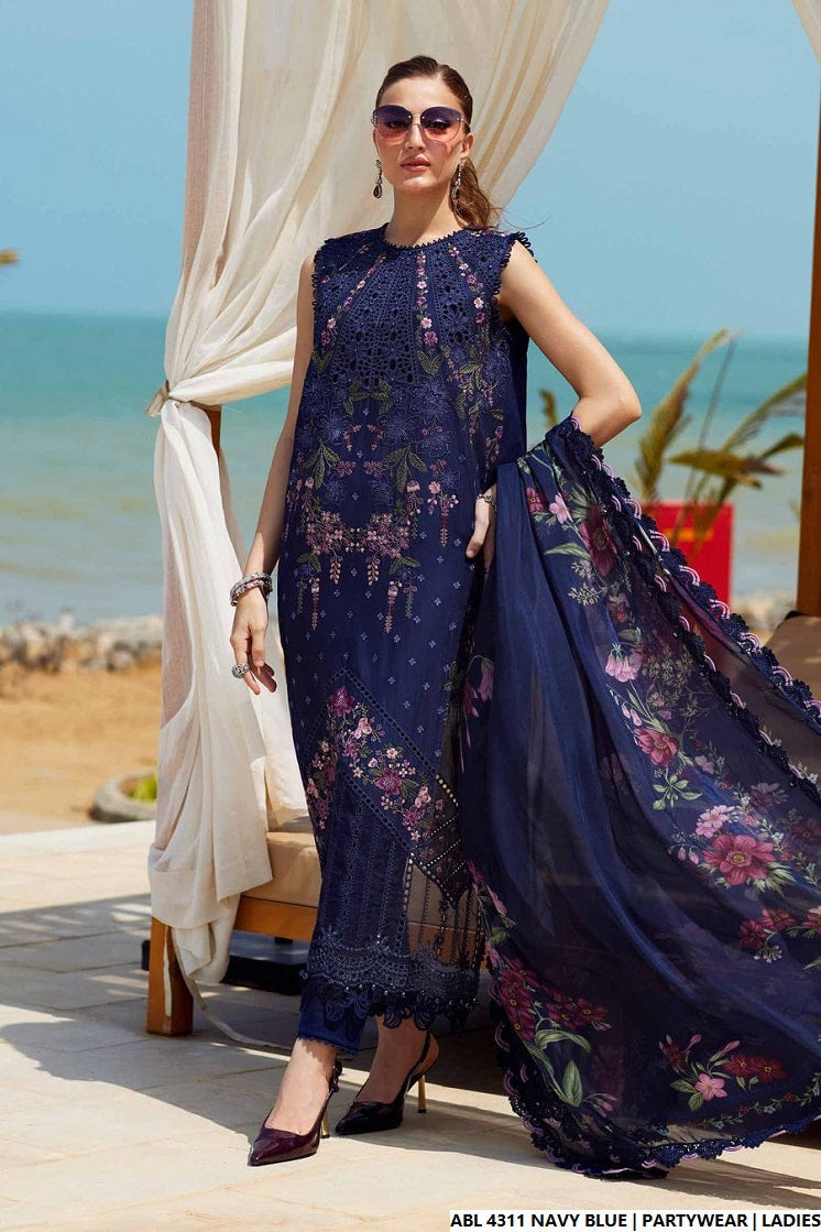 Pakistani women's navy blue organza A-Line shirt detail view
