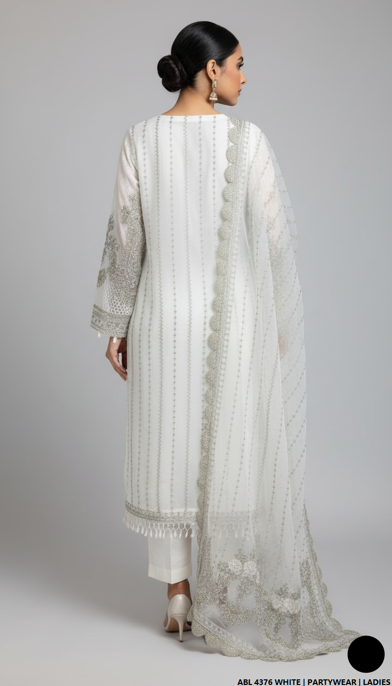 Pakistani women's white chiffon straight shirt back view