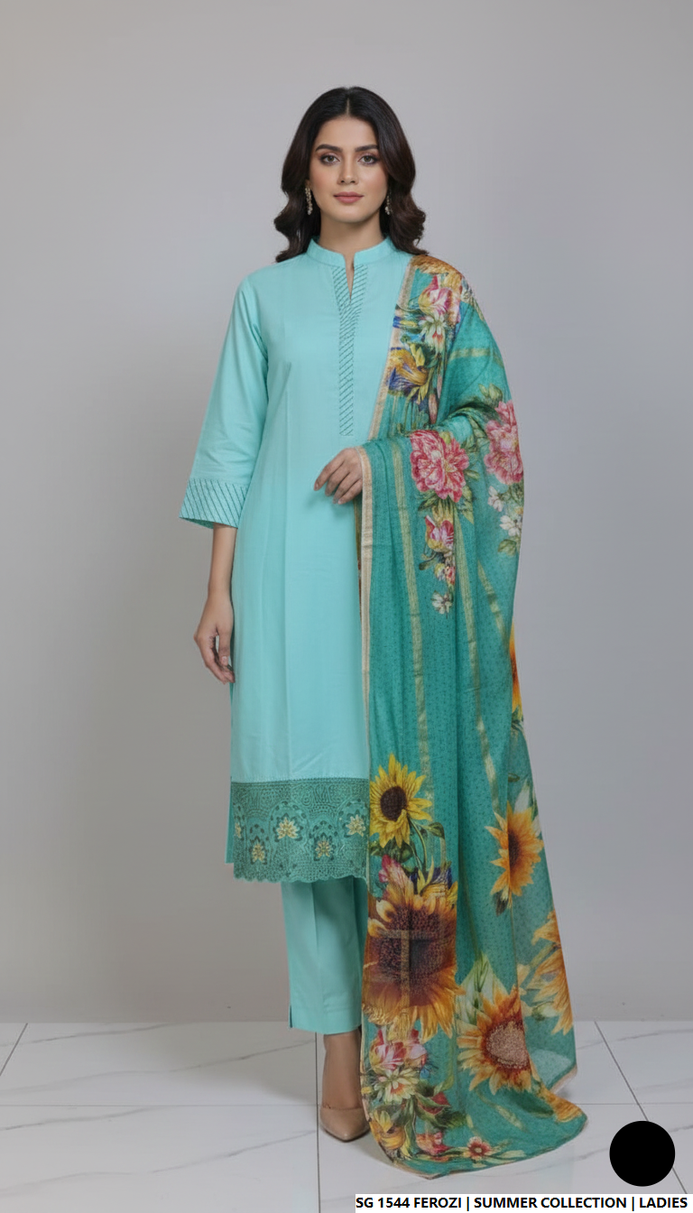 Lawn A-Line shirt ferozi - Pakistani women's casual summer outfit with cotton trouser and lawn dupatta front view