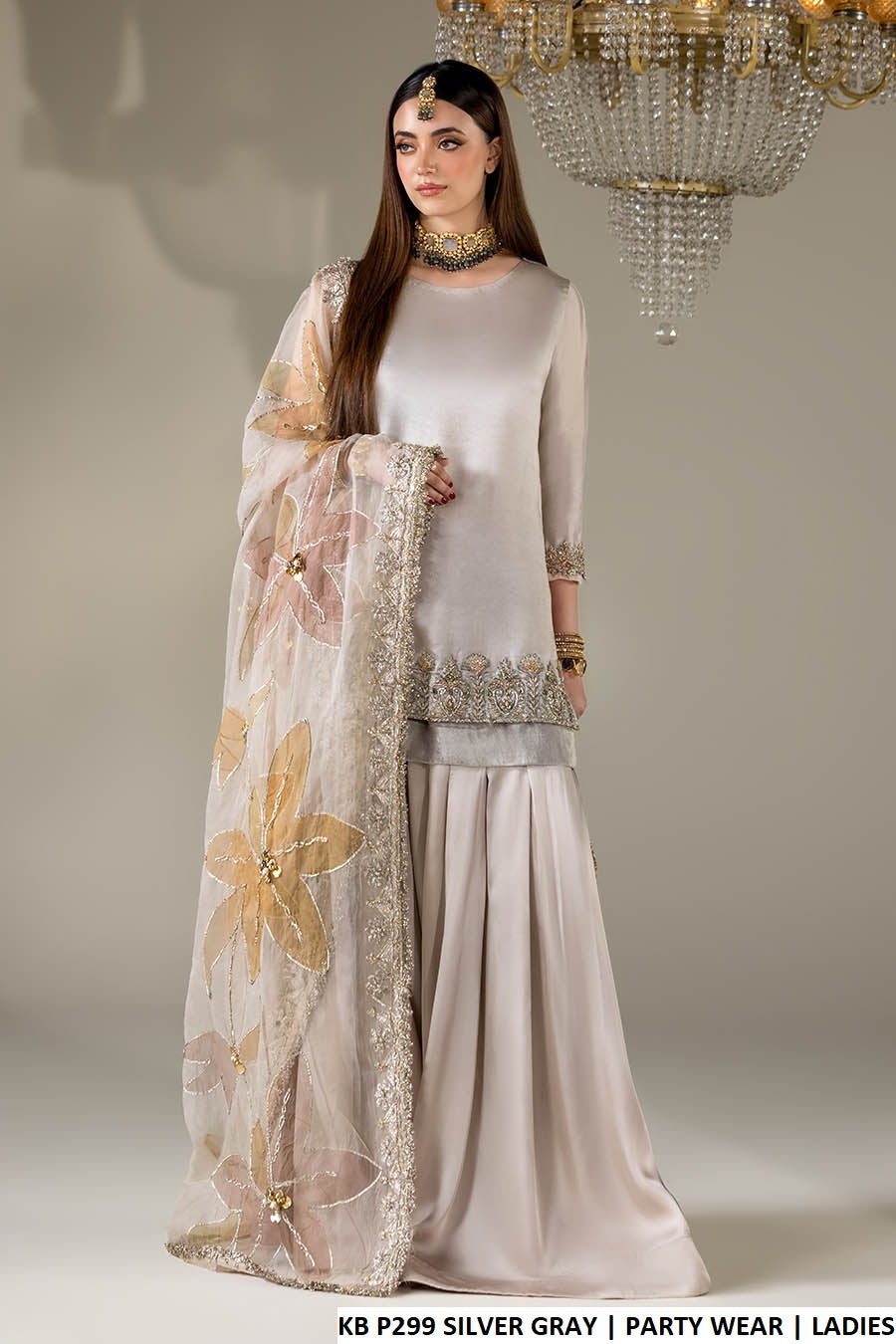 Gloss silk short shirt sharara silver grey - Pakistani women's luxury festive wear with organza dupatta front view