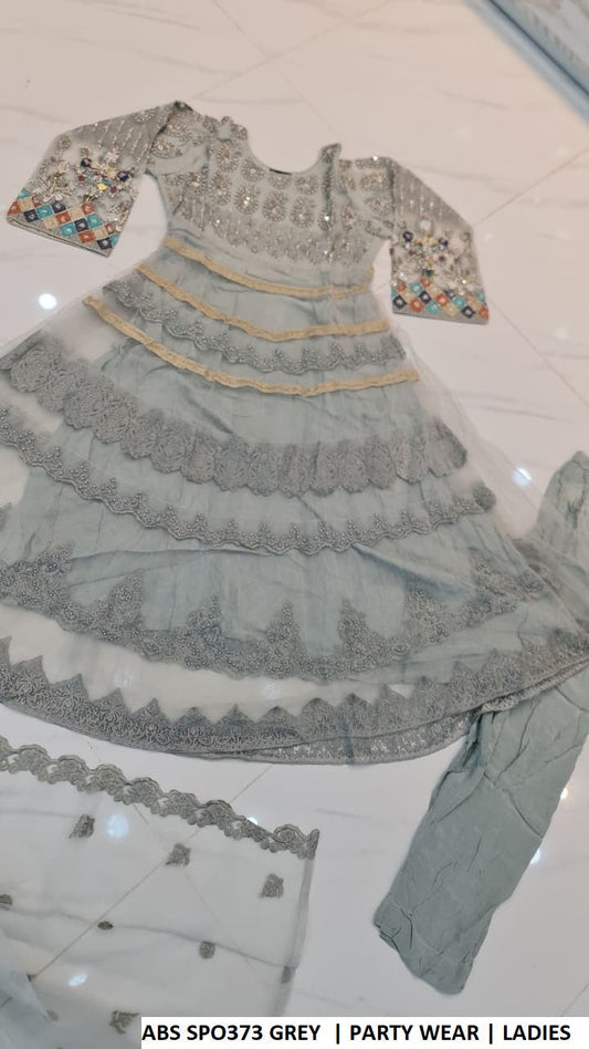 Grey soft net Pakistani women's long frock back view