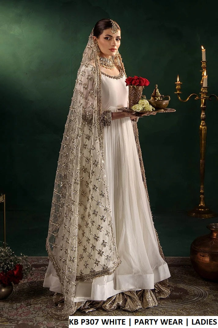 Crinkle chiffon long frock white - Pakistani women's luxury formal wear with silk trouser and net dupatta front view